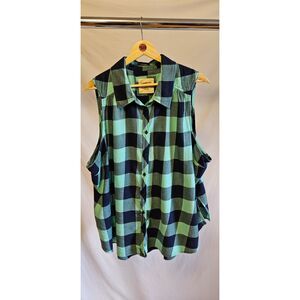 Arizona Sleeveless Navy Aqua Plaid Flannel Button Down Shirt Top Juniors Plus 3X